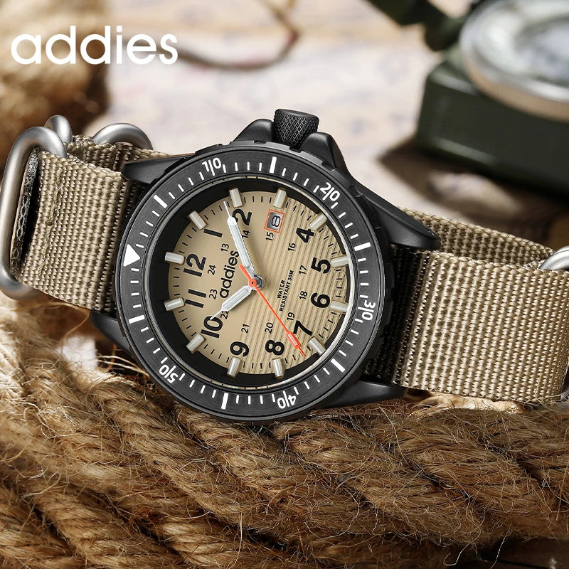 ADDIES 2026 New Men's Sports Quartz Watch Nylon Strap Swimming Waterproof Watch Tubular Luminous Outdoor Fashion Quartz Watch