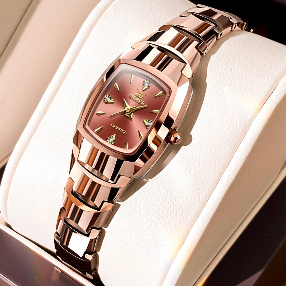 Luxury Mini Tonneau Ladies Watch OLEVS Brand Rose Gold Tungsten Steel Band Rhinestone Crystal Gradient Dial Small Wrist Watch
