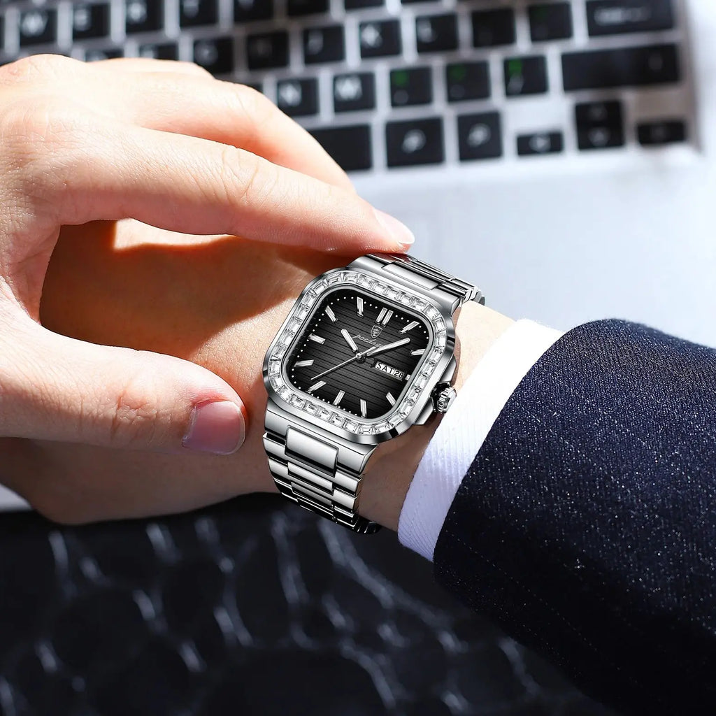 POEDAGAR Square Fashion Men's Watch Date Week Waterproof Luminous Quartz Man Watch Stainless Steel Luxury Sports Watches For Men