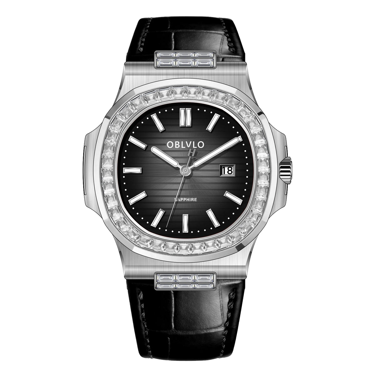 OBLVLO Fashion Men's Watch Rose Gold Case Diamonds Bezel Swiss Quartz Luminous Hands Sapphire Crystal Leather Strap FM-YWL-D