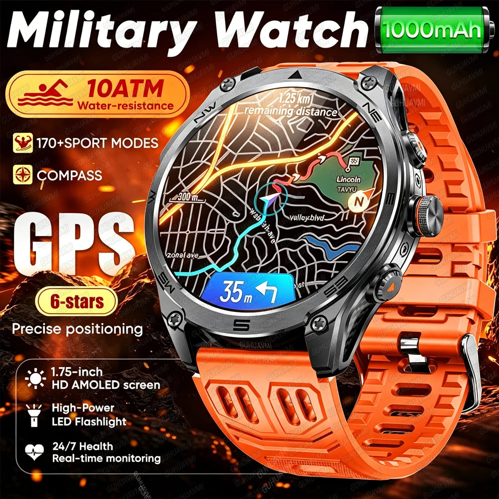 2026 Hot Sales Outdoor Durable GPS Sports Smart Watch Built-in GPS 1000mAh Battery 10ATM Waterproof 1.75" AOD Men Military Watch