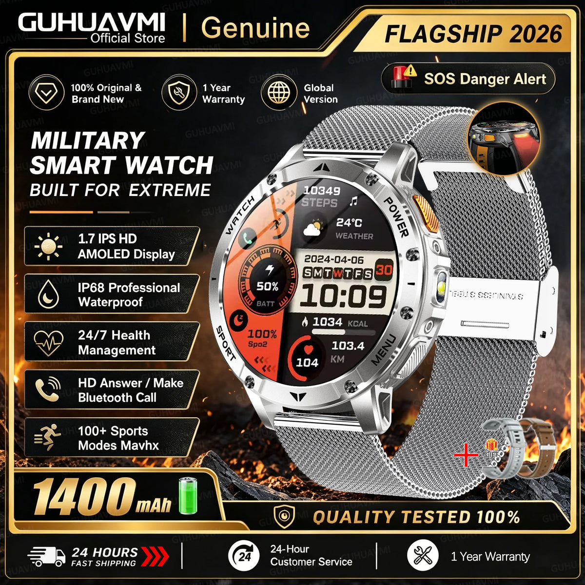 Men Rugged Steel Sport Smart Watch 1400mAh Battery 1.7" HD Bluetooth Call 10ATM Waterproof Heart Rate Fitness Trackr Smartwatch