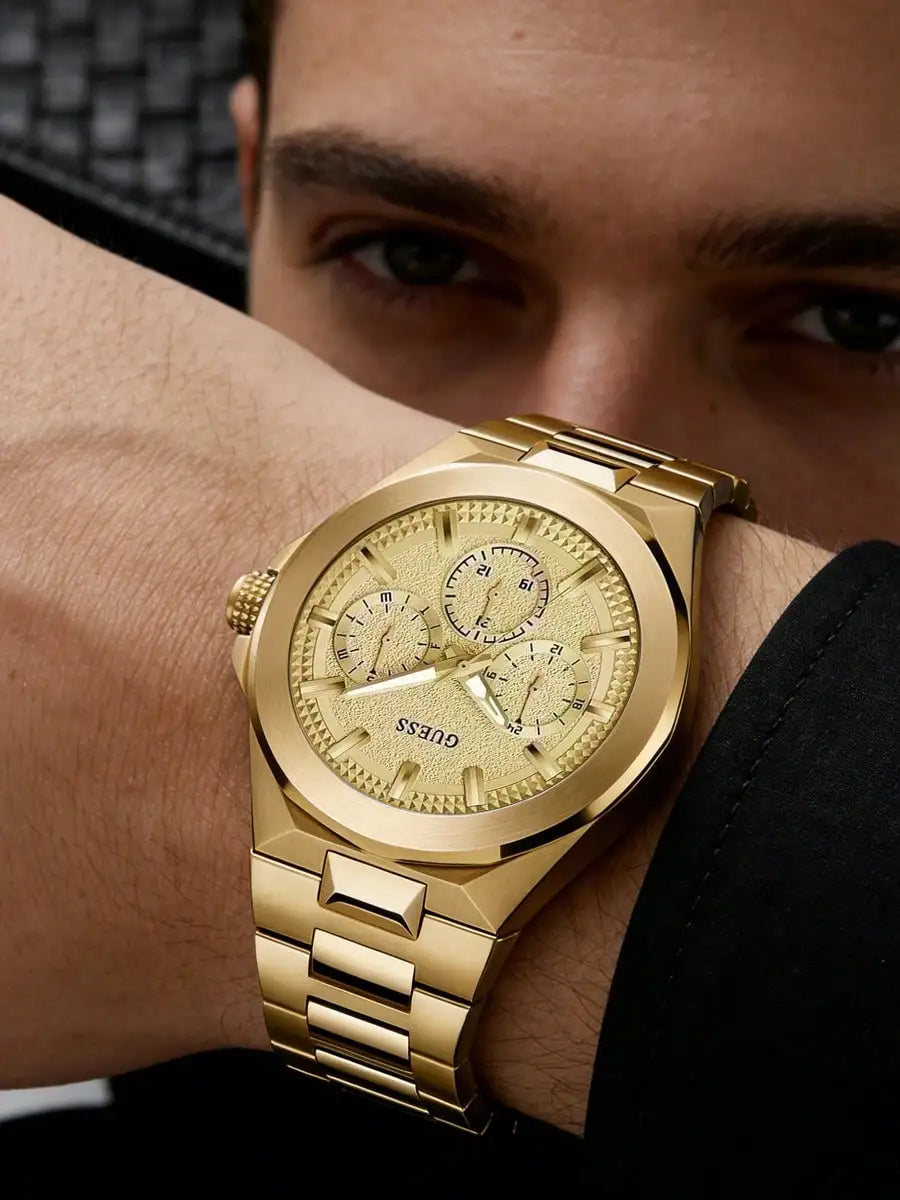 GUESS Original Luxury Gold Tone Round Watches for Men Stainless Steel Elegant Multifunction Quartz Chronograph Classic Business