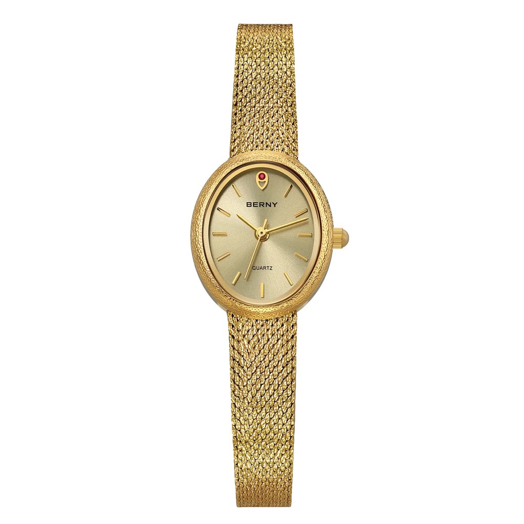 BERNY Luxury Watches for Women Fashion Golden Ladies Quartz Watch Super Lightweight Oval Case S/S Casual Dress Wristwatch