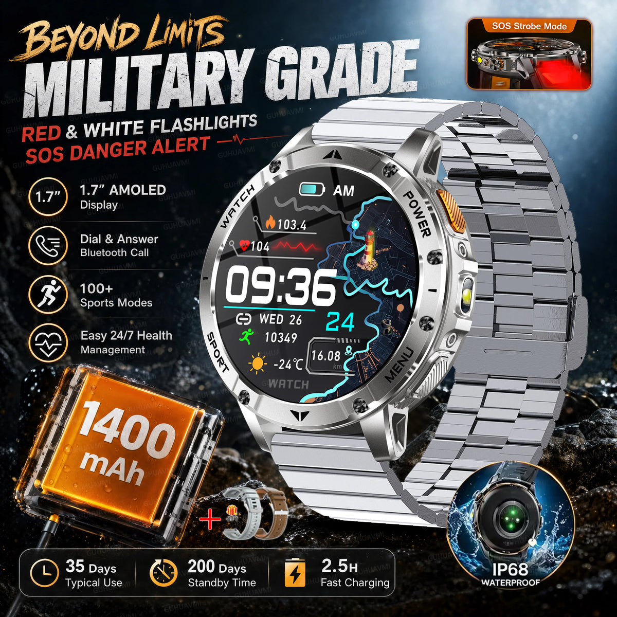 2026 Military Grade Smartwatch Men 1400mAh Ultra Long Battery 24/7 Health Monitor 10ATM Waterproof Outdoor Sport Smart Watches