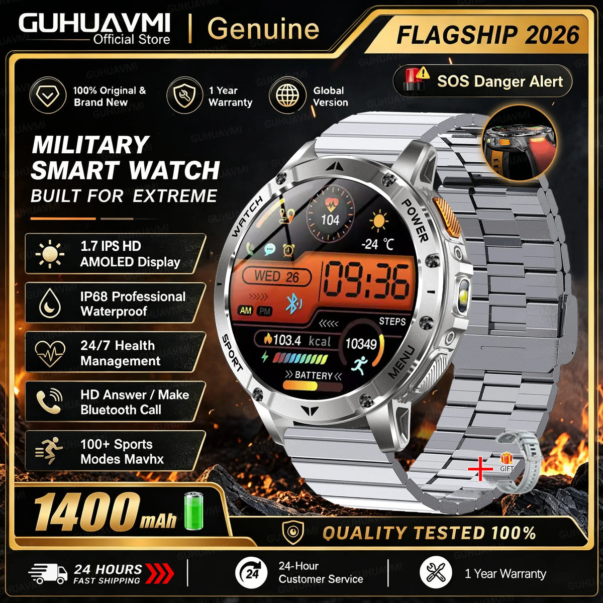Men Rugged Steel Sport Smart Watch 1400mAh Battery 1.7" HD Bluetooth Call 10ATM Waterproof Heart Rate Fitness Trackr Smartwatch