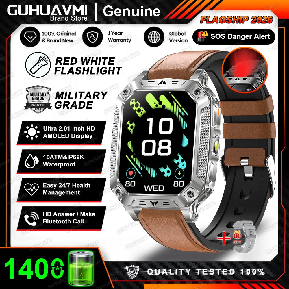 2026 New Built-in 1400mAh Super Large Battery Men Smart Watch Outdoor GPS 2.01"AMOLED Screen 10ATM Waterproof BT Call Smartwatch