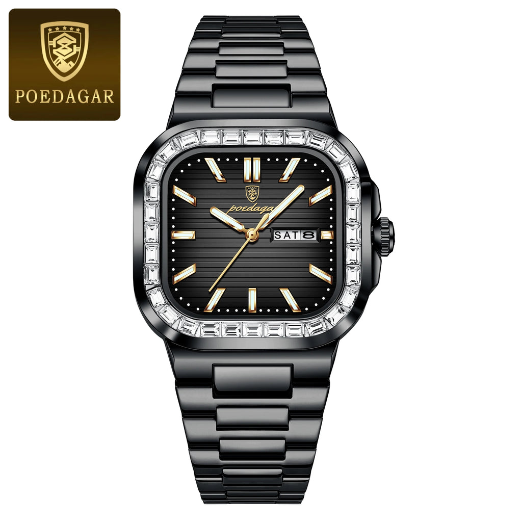 POEDAGAR Square Fashion Men's Watch Date Week Waterproof Luminous Quartz Man Watch Stainless Steel Luxury Sports Watches For Men