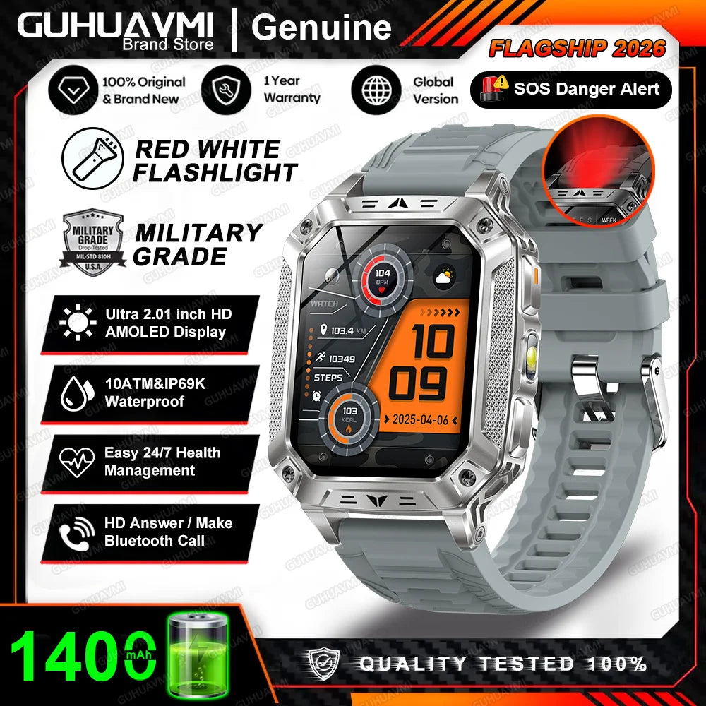 2026 New Built-in 1400mAh Super Large Battery Men Smart Watch Outdoor GPS 2.01"AMOLED Screen 10ATM Waterproof BT Call Smartwatch