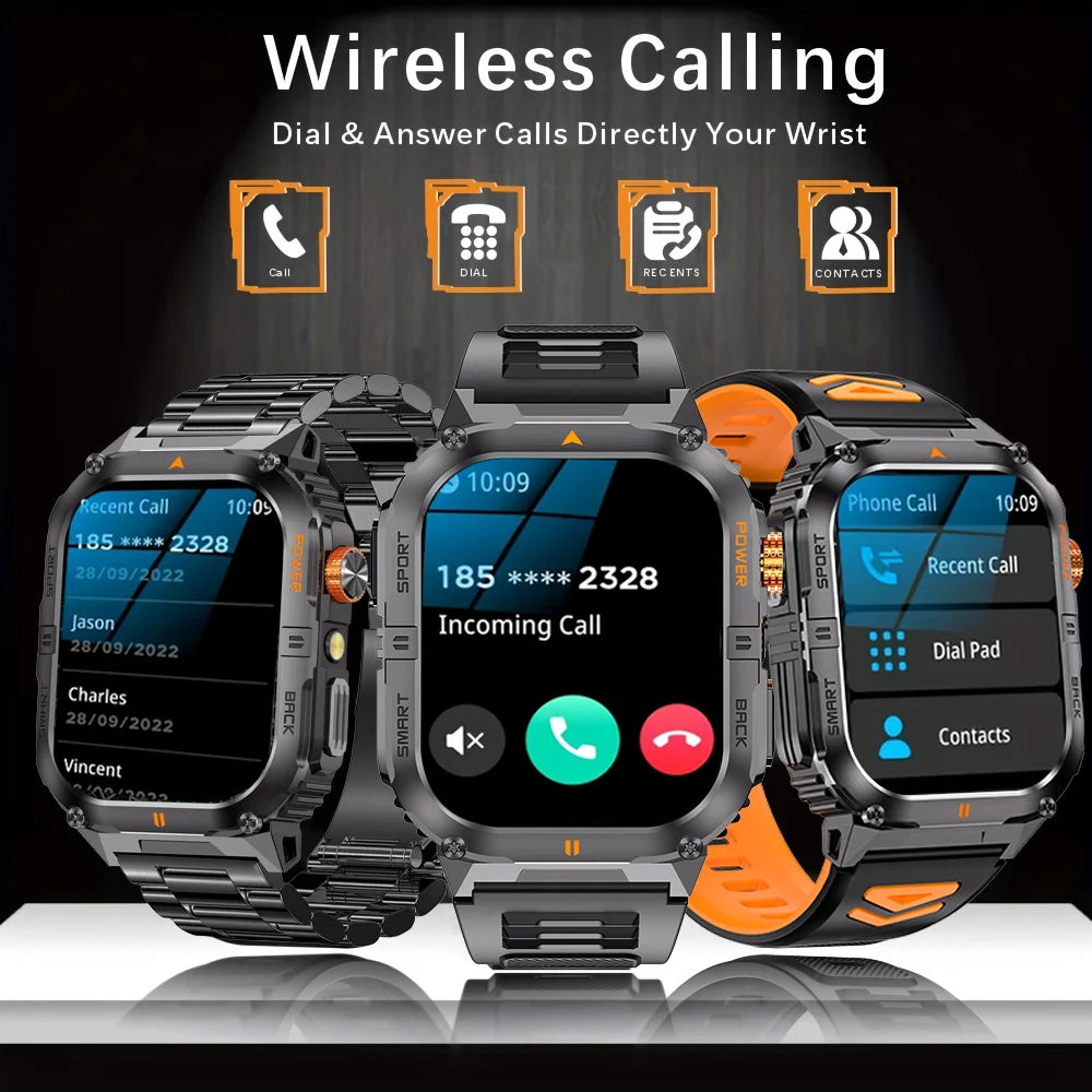 2026 1000mAh military outdoor smartwatch 2.01 inches LED flashlight IP68 waterproof Heart rate sleep Bluetooth call sport watch