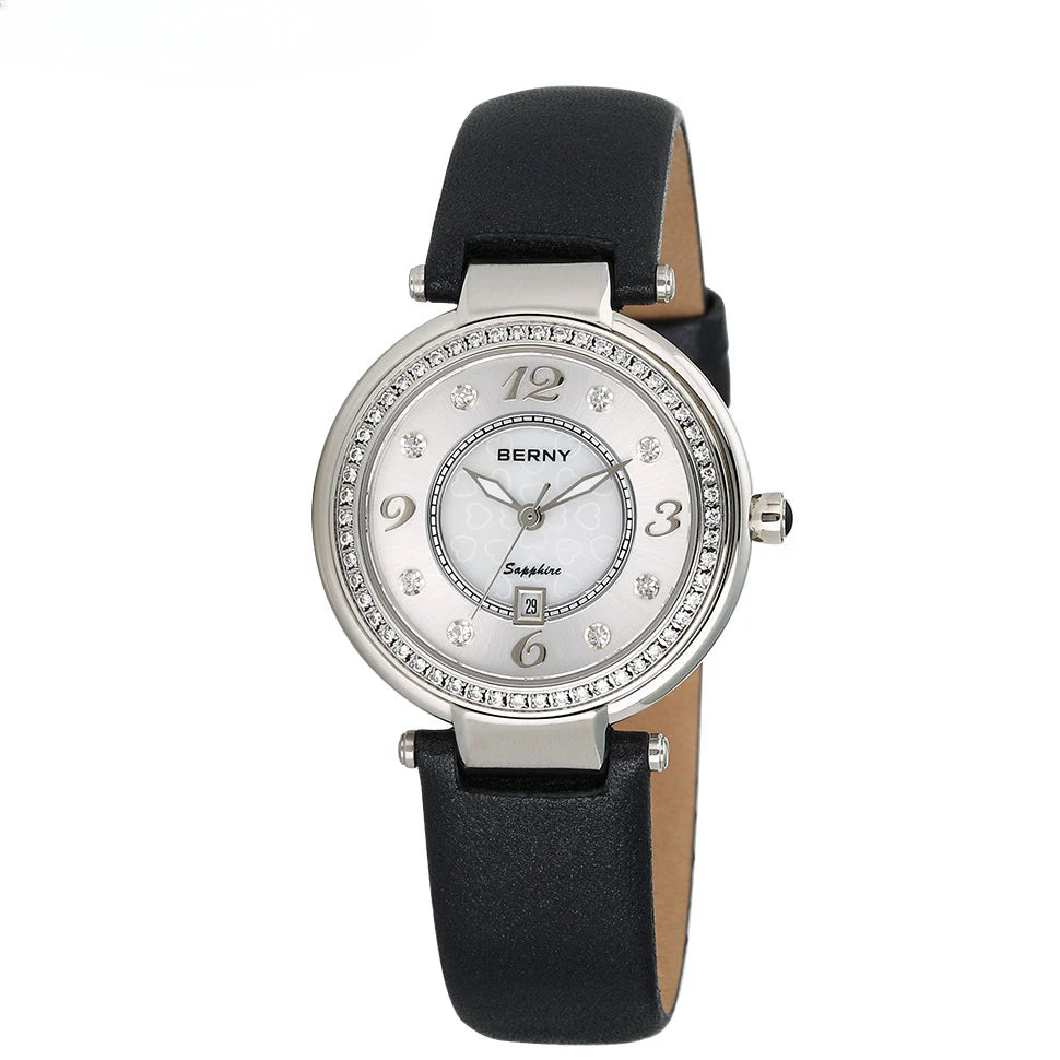 BERNY Watch for Women Calendar Sapphire Elegant Quartz Women's Wristwatch Luxury Diamond inlaid Clock S/S Leather Ladies Watches