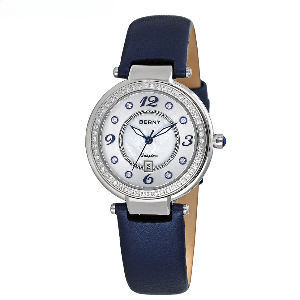 BERNY Watch for Women Calendar Sapphire Elegant Quartz Women's Wristwatch Luxury Diamond inlaid Clock S/S Leather Ladies Watches
