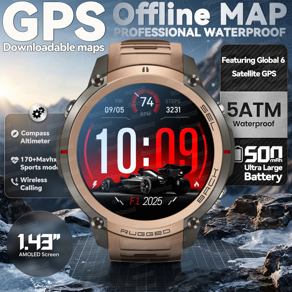 2026 new generation six-star GPS smart watch 1.43-inch AMLED screen 5atm waterproof offline map compass outdoor sports bracelet