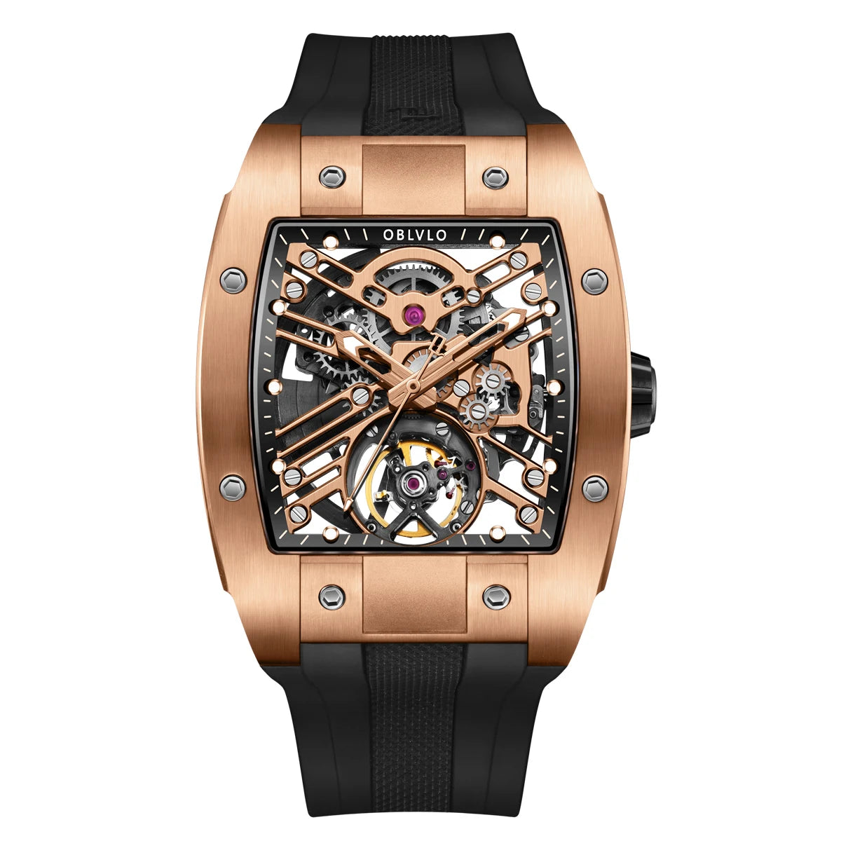 OBLVLO Top Watch Brand Sport Watch For Man Square Skeleton Watch Steel Automatic Mechanical Watch Rubber Strap Watches EM-ST