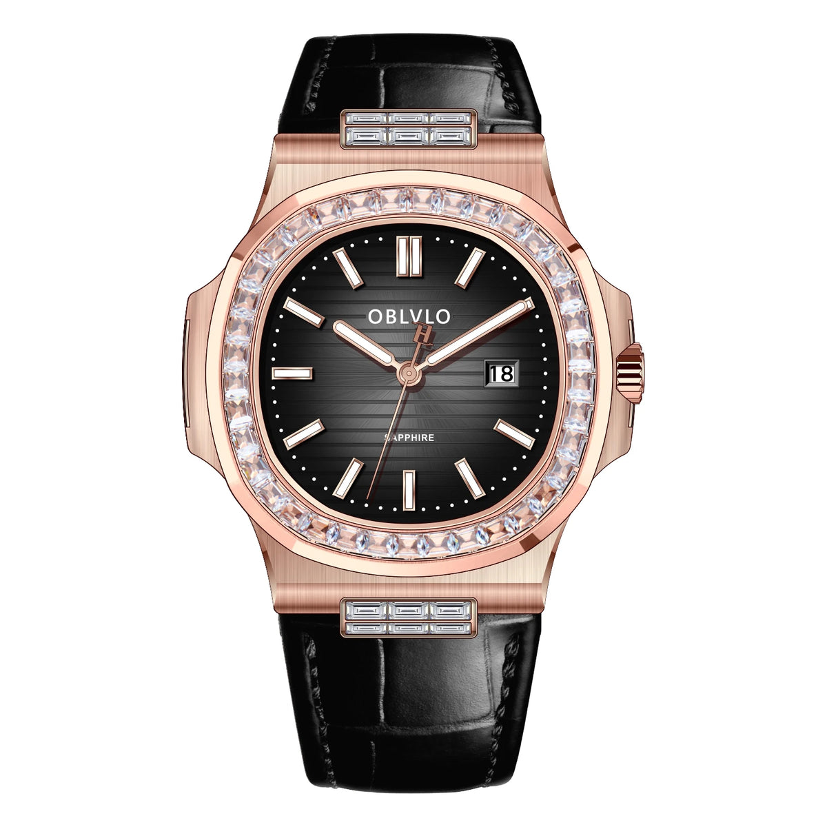 OBLVLO Fashion Men's Watch Rose Gold Case Diamonds Bezel Swiss Quartz Luminous Hands Sapphire Crystal Leather Strap FM-YWL-D