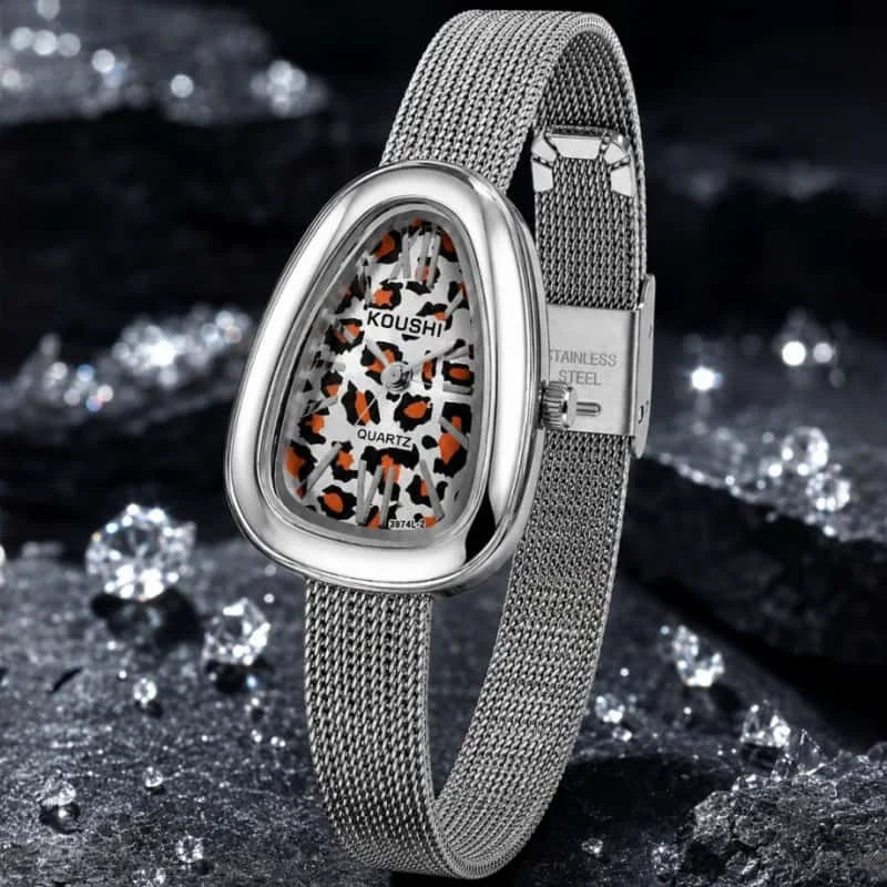 KOUSHI Vintage Leopard Print Dial Women's Quartz Watch Luxury Mesh Band Ladies Wristwatch Fashion Jewelry Gift for Daily Party