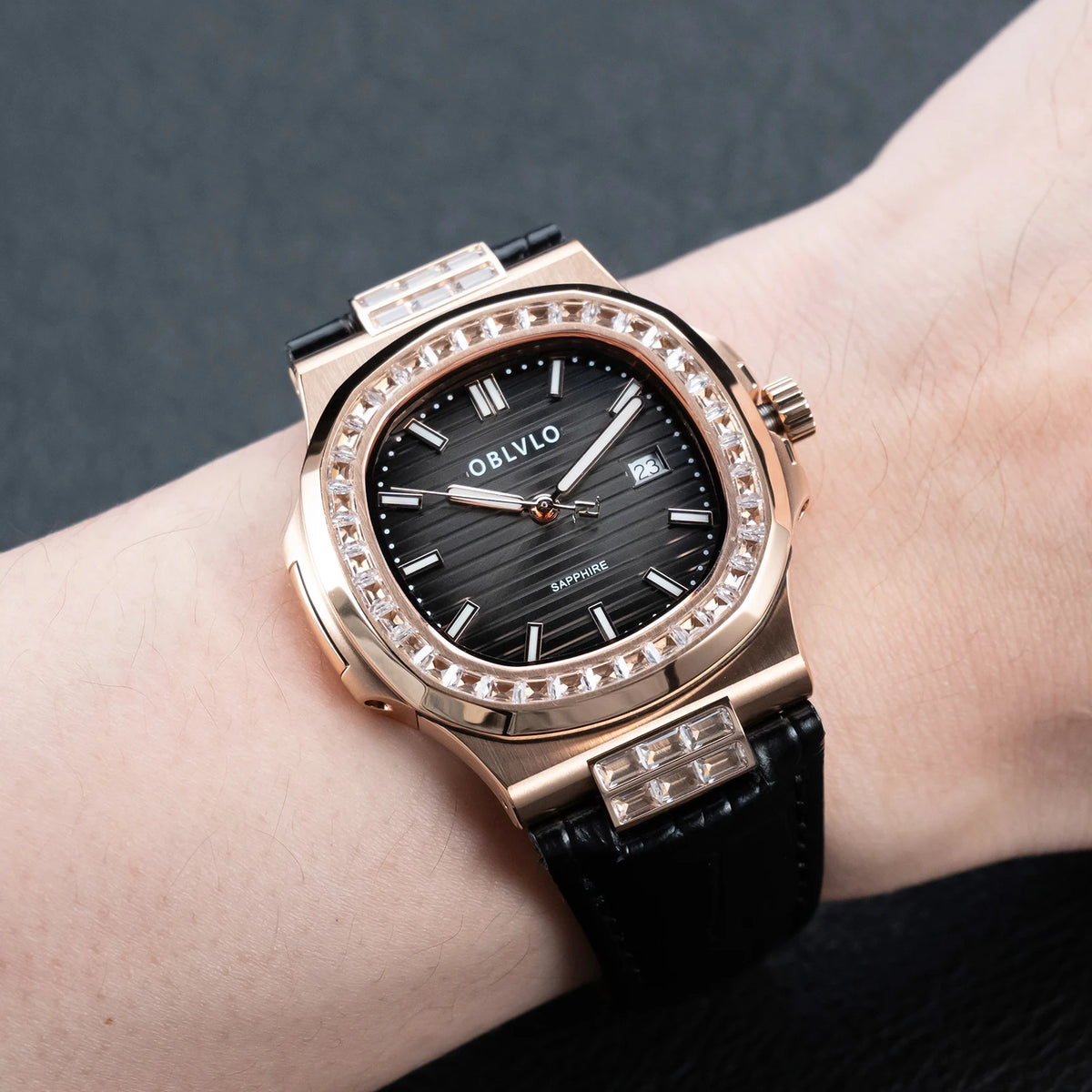 OBLVLO Fashion Men's Watch Rose Gold Case Diamonds Bezel Swiss Quartz Luminous Hands Sapphire Crystal Leather Strap FM-YWL-D