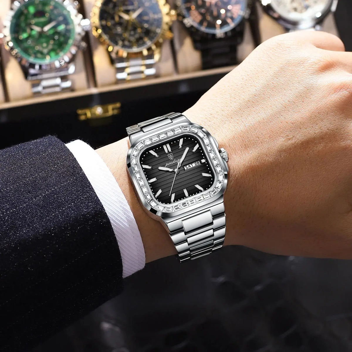 POEDAGAR Square Fashion Men's Watch Date Week Waterproof Luminous Quartz Man Watch Stainless Steel Luxury Sports Watches For Men