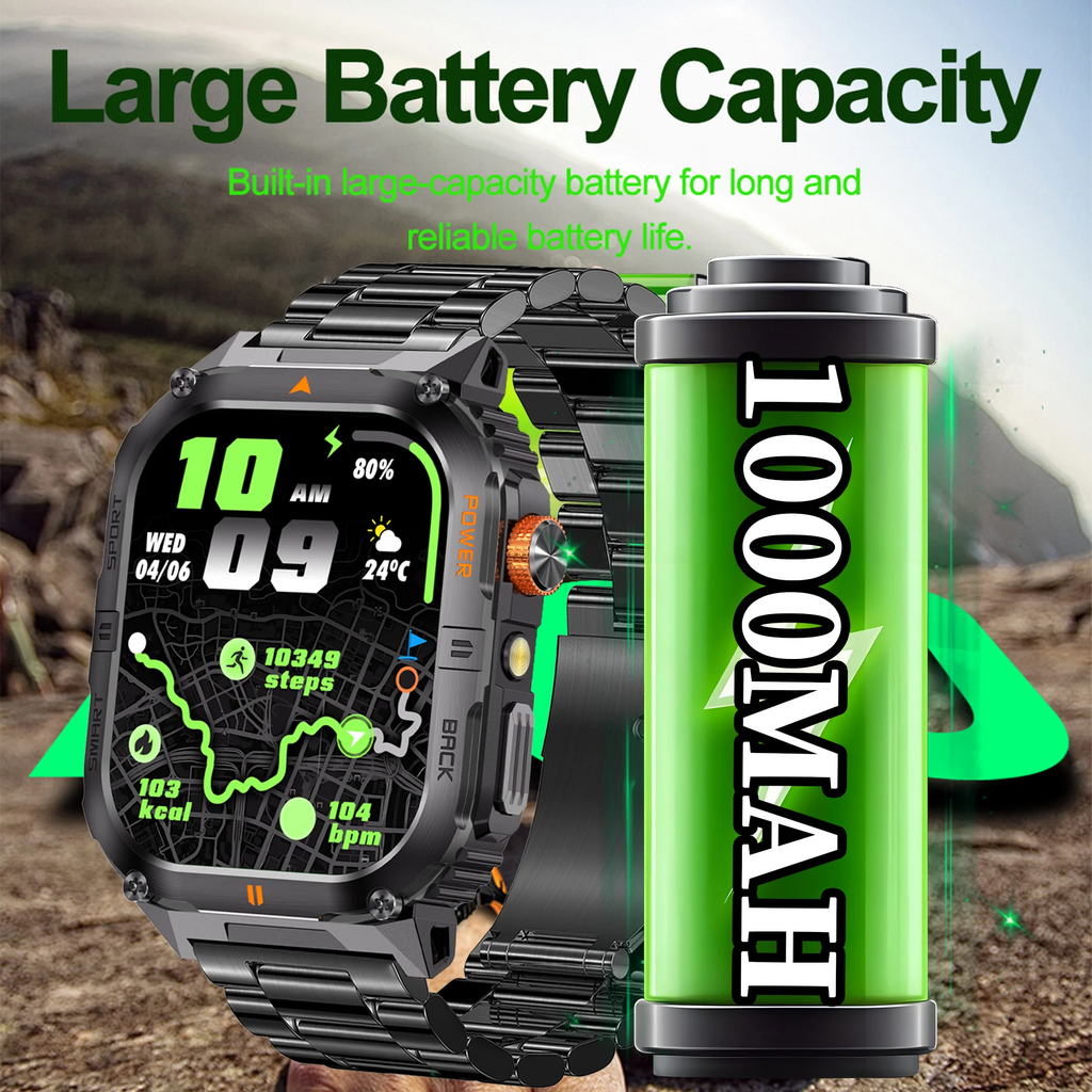 2026 1000mAh military outdoor smartwatch 2.01 inches LED flashlight IP68 waterproof Heart rate sleep Bluetooth call sport watch