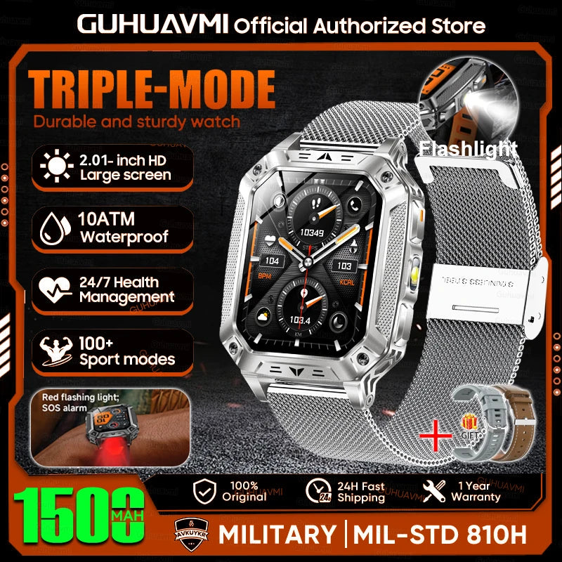 1500mAh Military Grade Smart Watch 100 Days Battery Life 10ATM Waterproof Bluetooth Call SOS Alert LED Flashlight Sports Watches