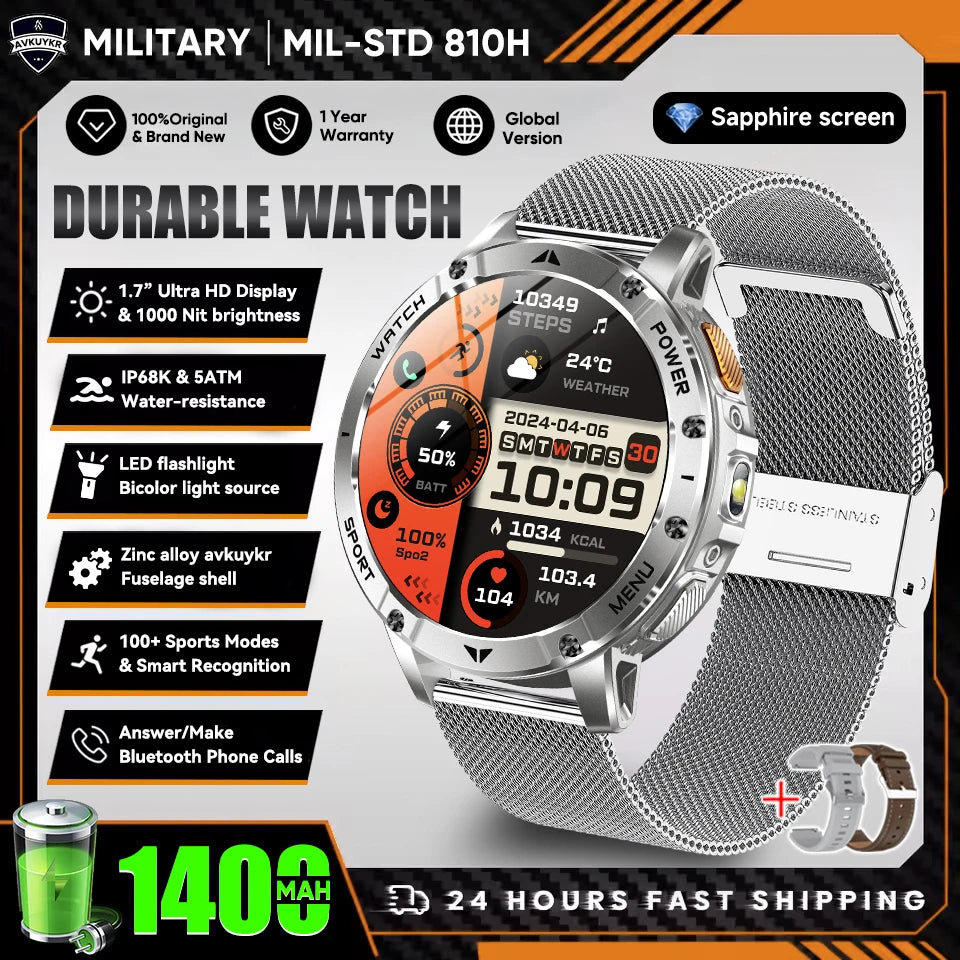 New Outdoor Sports Fitness 1.7 Inch Smart Watch 1400mAh Battery Waterproof SOS Dual-Color Flashlight BT Call Smart watch For Men