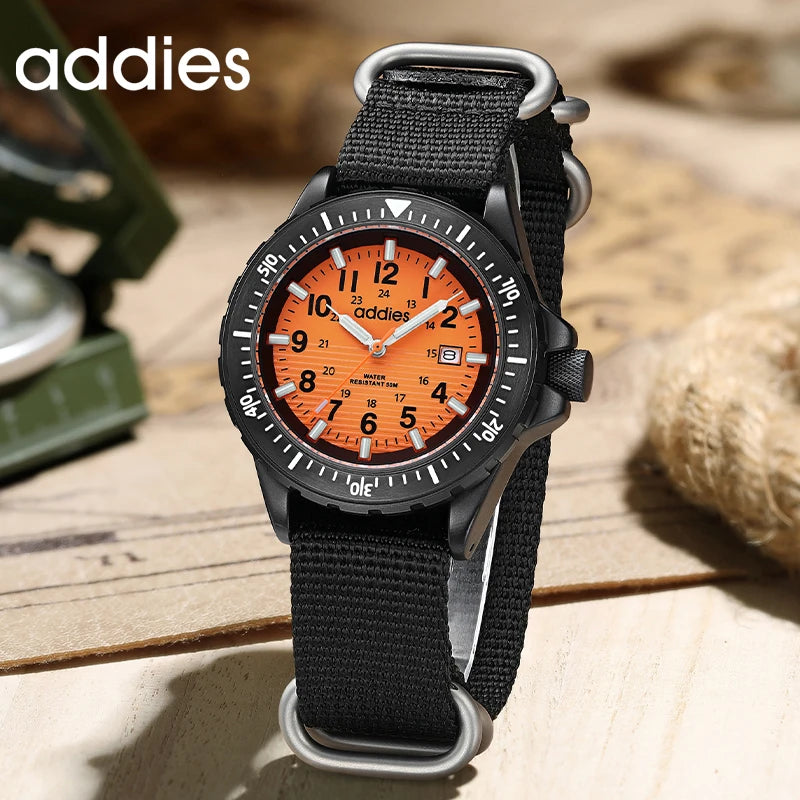 ADDIES 2026 New Men's Sports Quartz Watch Nylon Strap Swimming Waterproof Watch Tubular Luminous Outdoor Fashion Quartz Watch