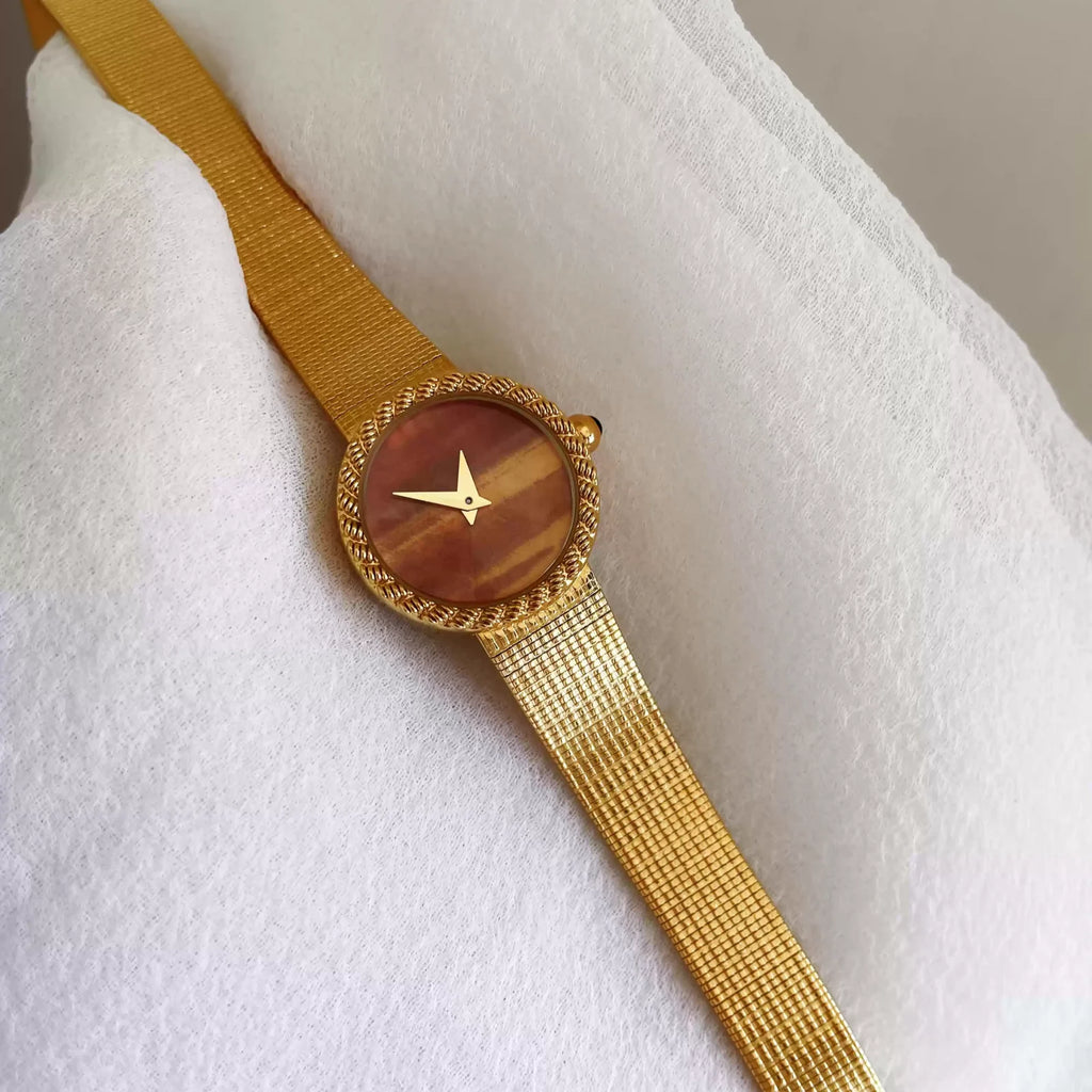 Retro Natural Striped Stone Face Women Watch Twisted Edge Gold Texture Metal Band Minimalist Ladies Quartz Wristwatch