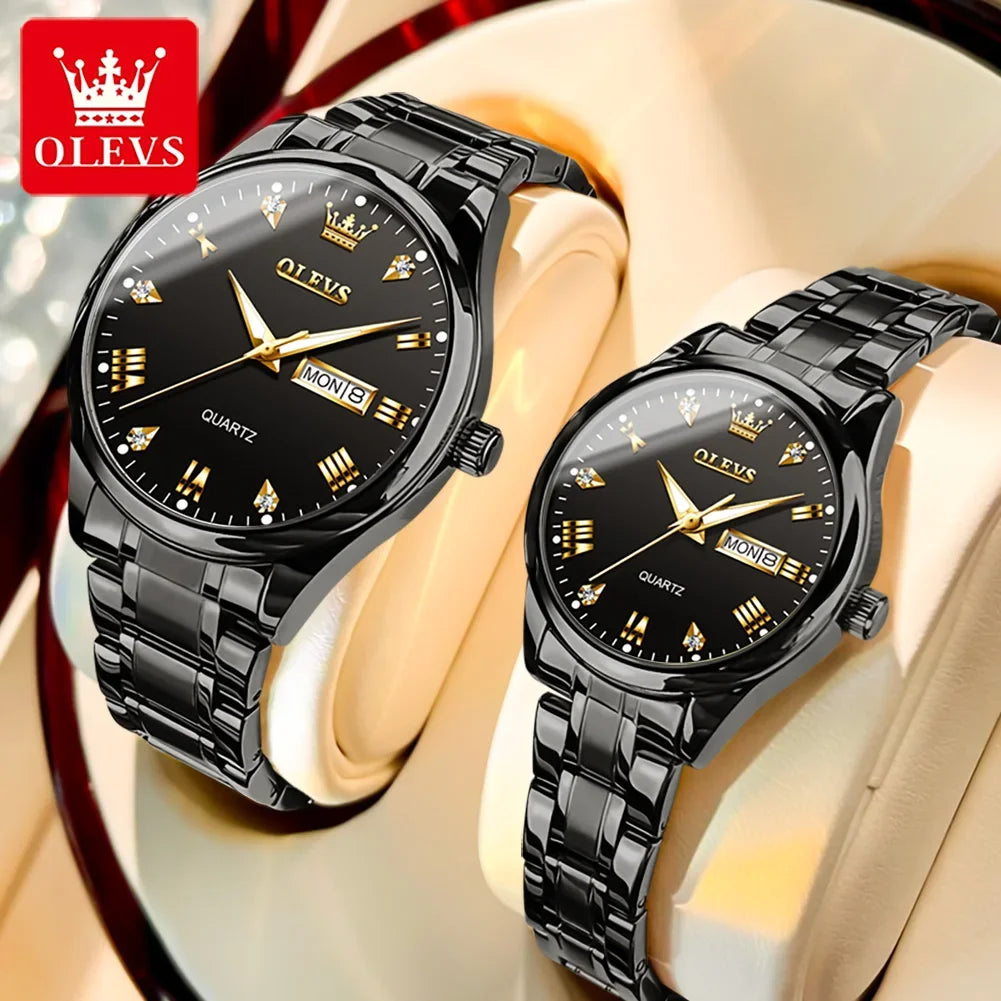 OLEVS  Couple Watch Luxury Gold Diamond Dual Calendar Waterproof Watch Fashion Brand Quartz Appointment Clock Couple Watch 5563