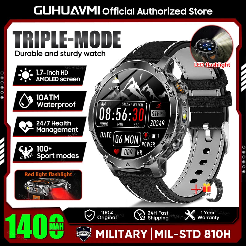 2026 New Military 1400mAh Battery Smart Watch Men Outdoor Flashlight 10ATM Waterproof Heart Rate Bluetooth Call Sports Bracelets