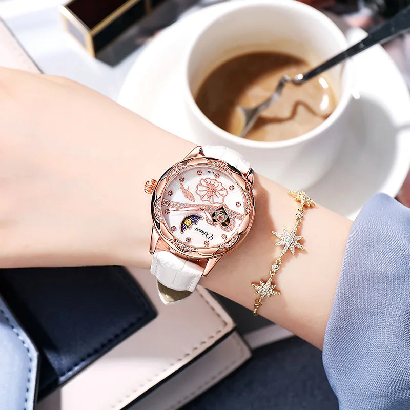 Watches Women Fashion Watch 2023 Automatic Mechanical Rhinestone Skeleton Dial Premium Leather Band Elegant Lady Watch New