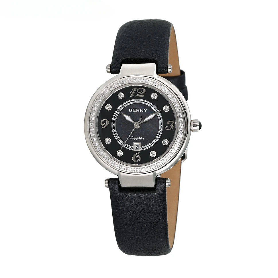 BERNY Watch for Women Calendar Sapphire Elegant Quartz Women's Wristwatch Luxury Diamond inlaid Clock S/S Leather Ladies Watches