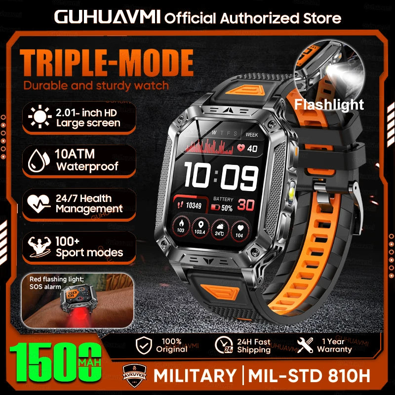 1500mAh Military Grade Smart Watch 100 Days Battery Life 10ATM Waterproof Bluetooth Call SOS Alert LED Flashlight Sports Watches