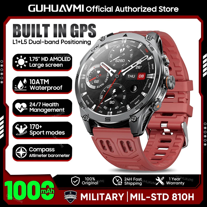 2026 Hot Sales Outdoor Durable GPS Sports Smart Watch Built-in GPS 1000mAh Battery 10ATM Waterproof 1.75" AOD Men Military Watch