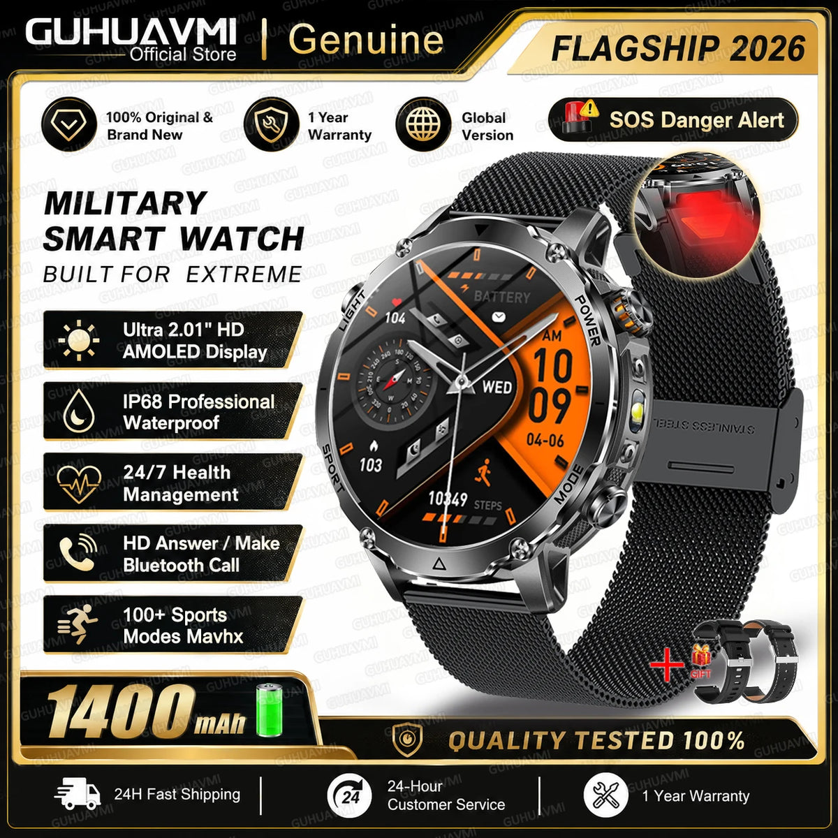 New 1400mAh Ultra Big Battery Smart Watch GPS path Waterproof Swim Sport Run tracker Outdoors Flashlight Military Smartwatch Men