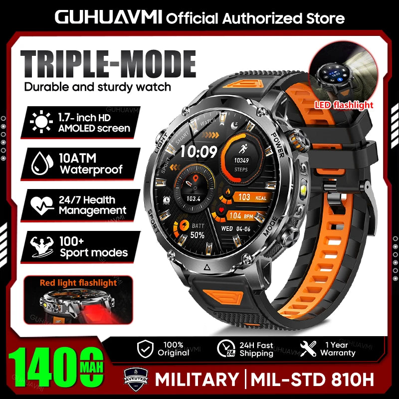 2026 New Military 1400mAh Battery Smart Watch Men Outdoor Flashlight 10ATM Waterproof Heart Rate Bluetooth Call Sports Bracelets