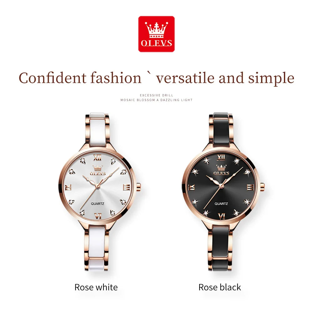 OLEVS 5872 Women Watch Elegant Luxury Original Quartz Watch  Waterproof Luminous Ceramic Strap Watches For Women Bracelet Set
