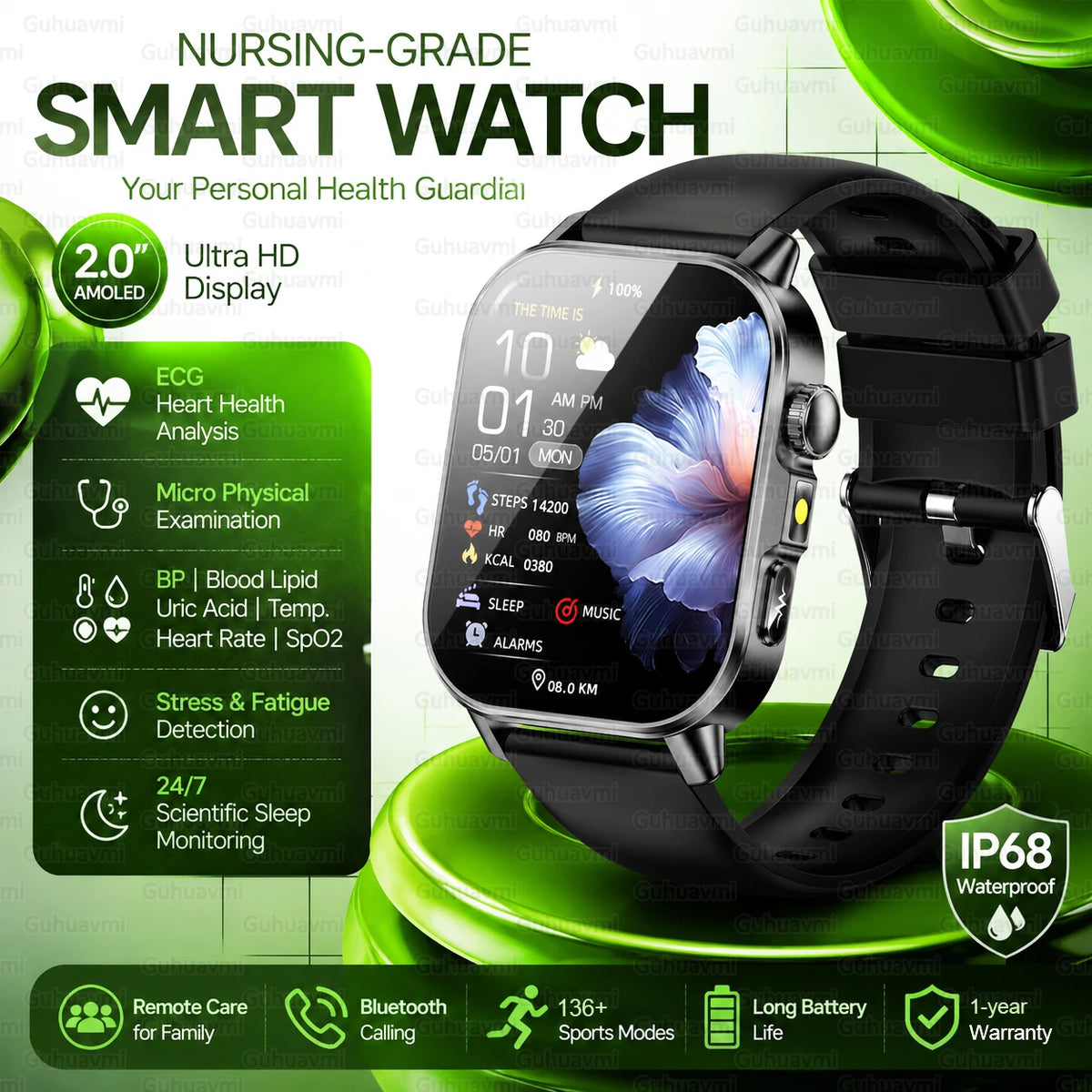 2026 Nursing Grade Smartwatch Men 2.0inch AMOLED ECG Heart Health BP Lipid Uric Acid Monitor Bluetooth Call Outdoor Sports Watch