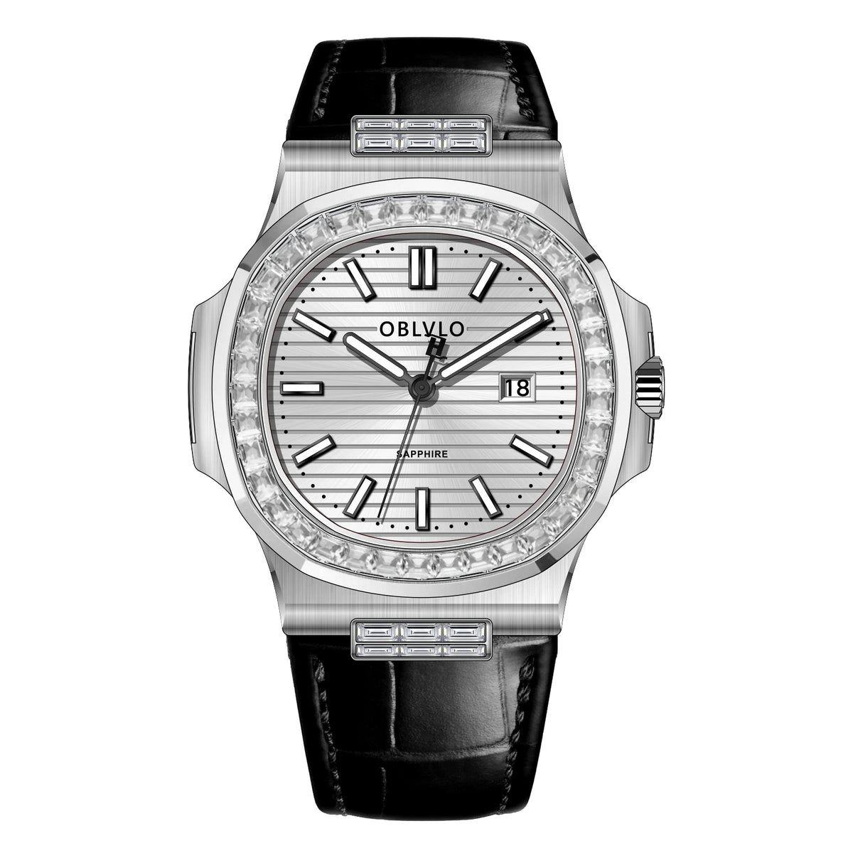 OBLVLO Fashion Men's Watch Rose Gold Case Diamonds Bezel Swiss Quartz Luminous Hands Sapphire Crystal Leather Strap FM-YWL-D