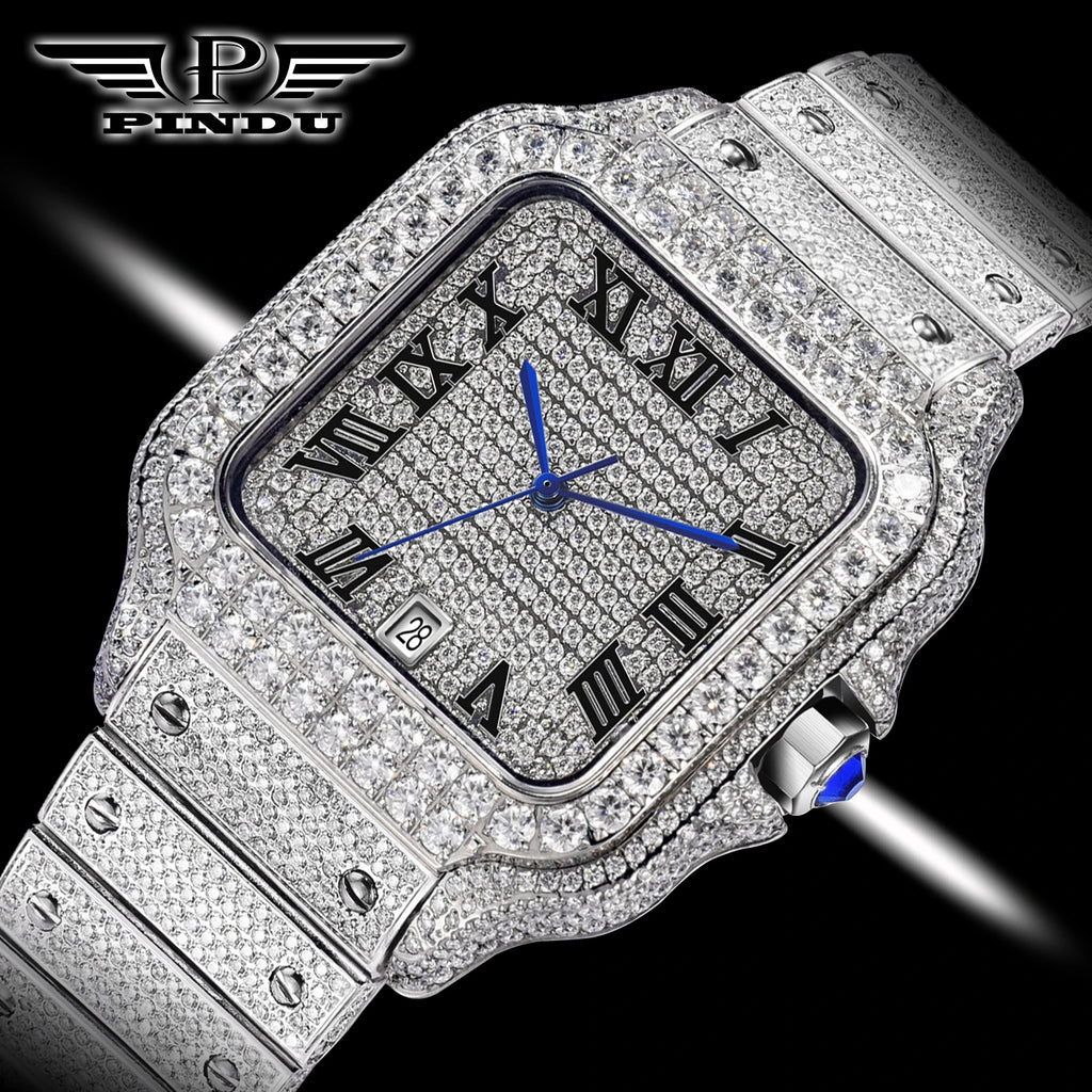 PINDU Design NEW Mozambique Diamond mechanical watch men 8215 movement sapphire stainless steel waterproof fully automatic watch
