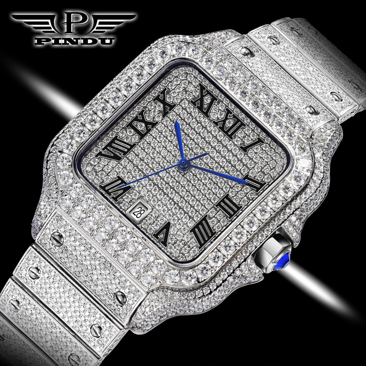 PINDU Design NEW Mozambique Diamond mechanical watch men 8215 movement sapphire stainless steel waterproof fully automatic watch