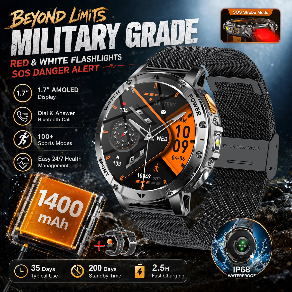 2026 Military Grade Smartwatch Men 1400mAh Ultra Long Battery 24/7 Health Monitor 10ATM Waterproof Outdoor Sport Smart Watches