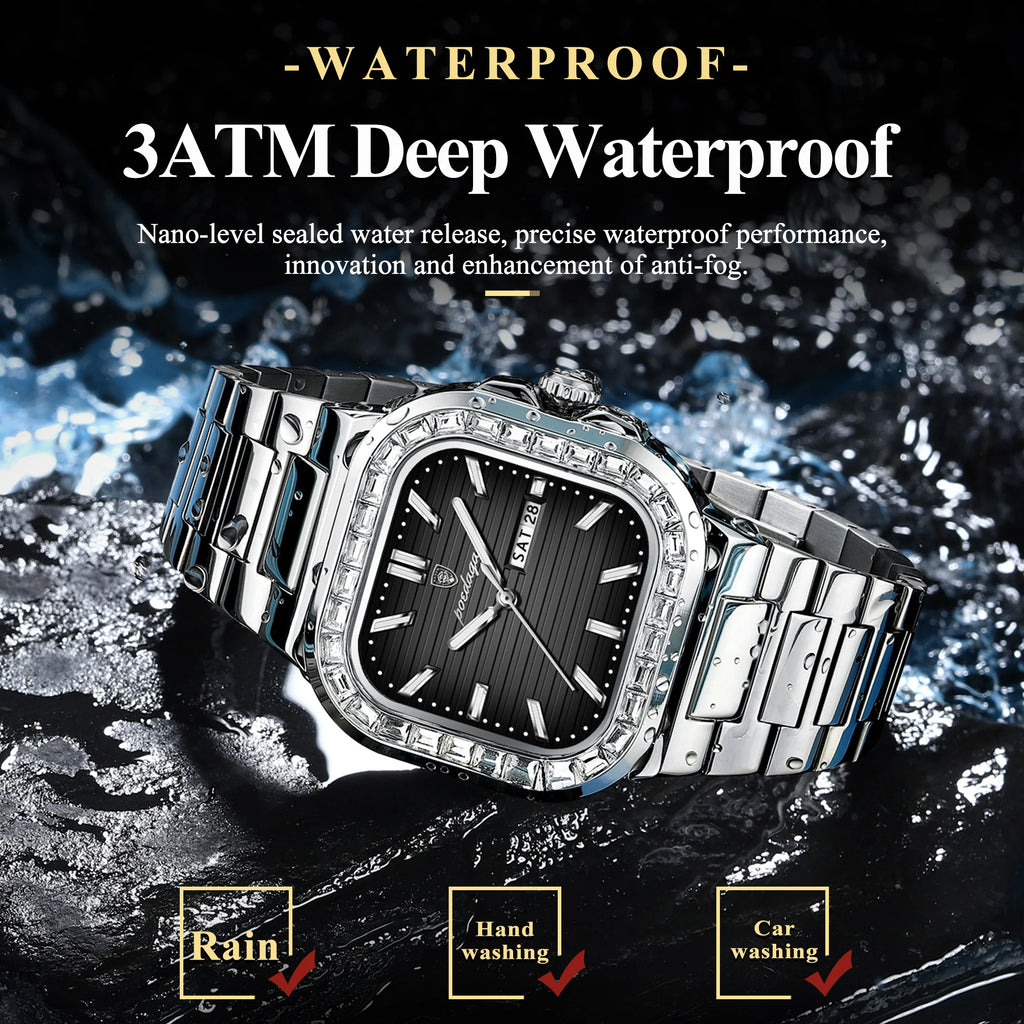 POEDAGAR Square Fashion Men's Watch Date Week Waterproof Luminous Quartz Man Watch Stainless Steel Luxury Sports Watches For Men