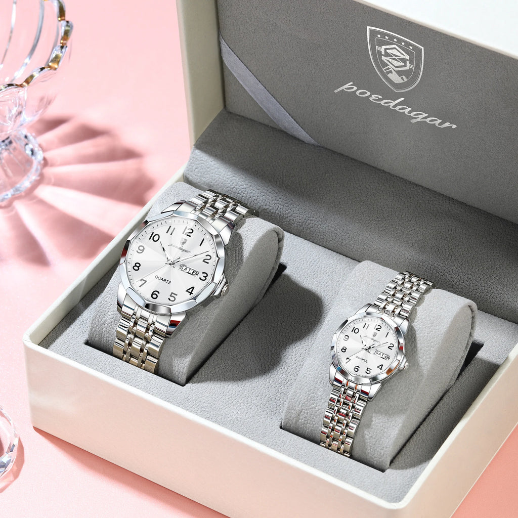 POEDAGAR Brand Watches For Couple Waterproof Date Week Couple's Watches Quartz Stainless Steel Fashion Lovers Watch Set+Box Gift