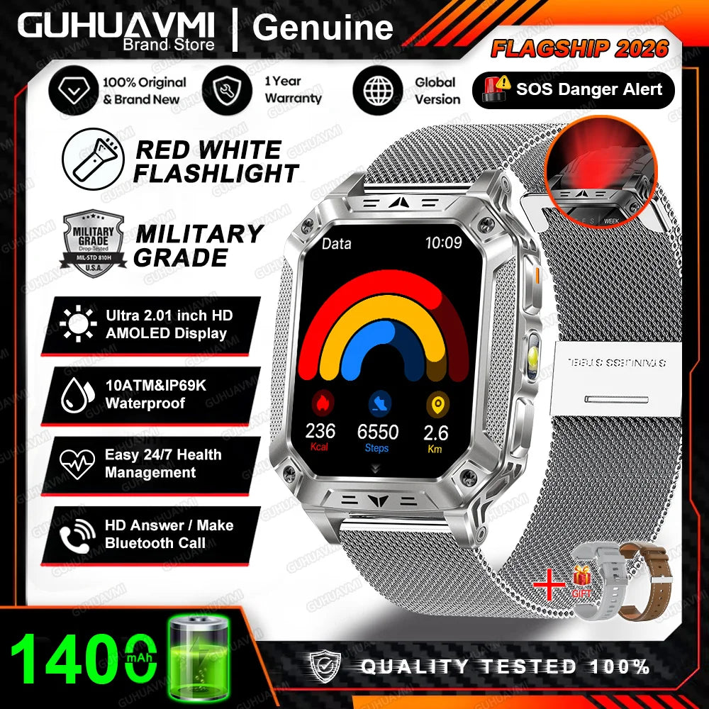 2026 New Built-in 1400mAh Super Large Battery Men Smart Watch Outdoor GPS 2.01"AMOLED Screen 10ATM Waterproof BT Call Smartwatch